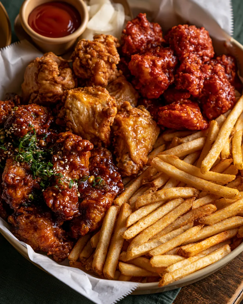 여러 맛 치킨과 감자튀김의 비교 예시, 세트 실물 사진 아님
