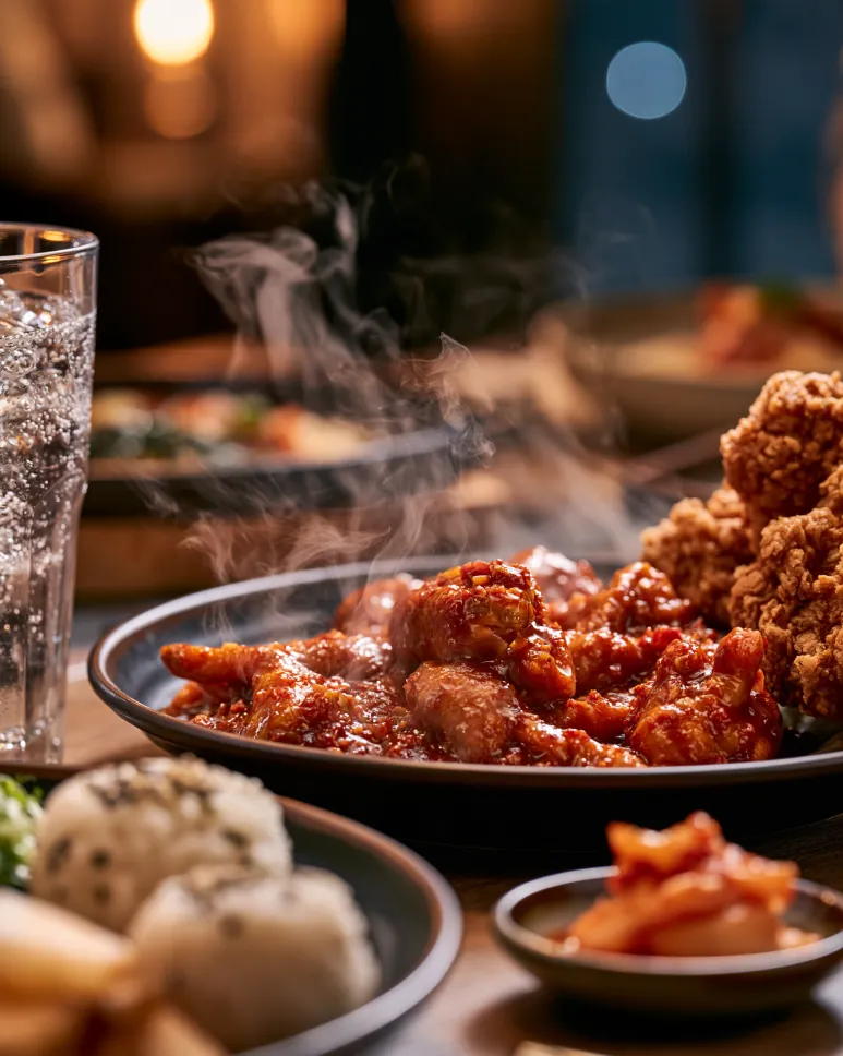 붉은 양념 닭발에 치킨을 곁들인 한 상 예시