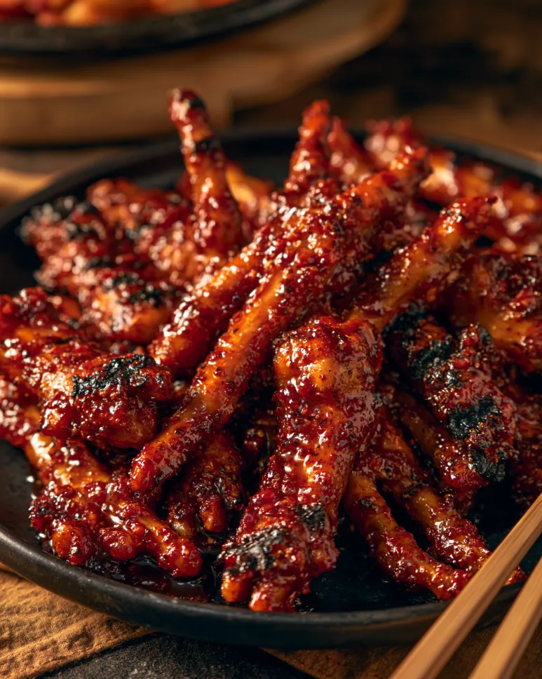발 모양이 남아 있는 양념 닭발 접시